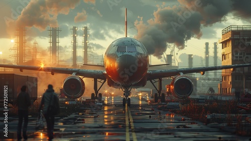 Airplane on runway, factory smoke in background: Enact stricter environmental regulations. photo