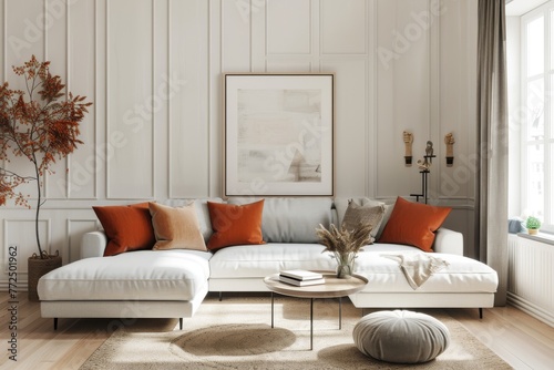 Elegant living room interior with a round coffee table and white corner sofa