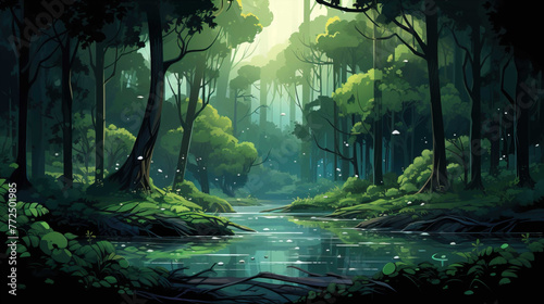 background wallpaper illustrator, Trees in forest , fresh green splash water , yellow ligh sun moorning  , Generate AI photo