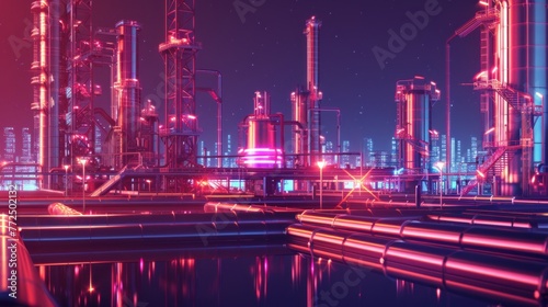 Oil refinery factory at night. Chemical warehouse with pipes and chimneys. Concept of pollution and gas prices.