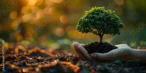 Symbolizing World Environment Day and nature preservation: A hand holding a tree with green bokeh background. Concept Nature Preservation, World Environment Day, Tree Holding Symbol
