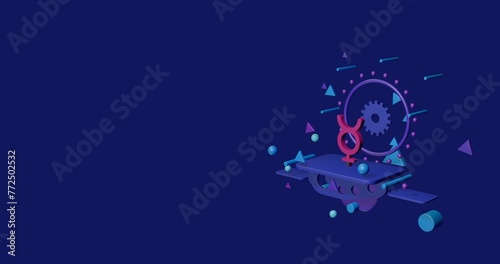 Pink astrological mercury symbol on a pedestal of abstract geometric shapes floating in the air. Abstract concept art with flying shapes on the right. 3d illustration on indigo background