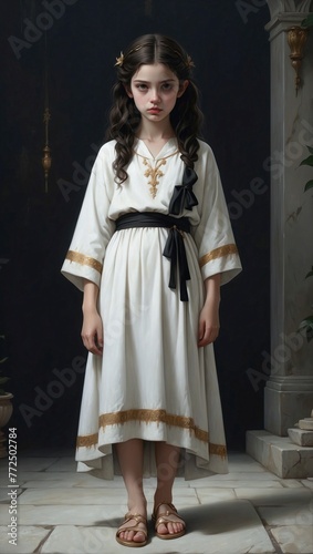 Beautiful young woman of roman descent wearing traditional white dress