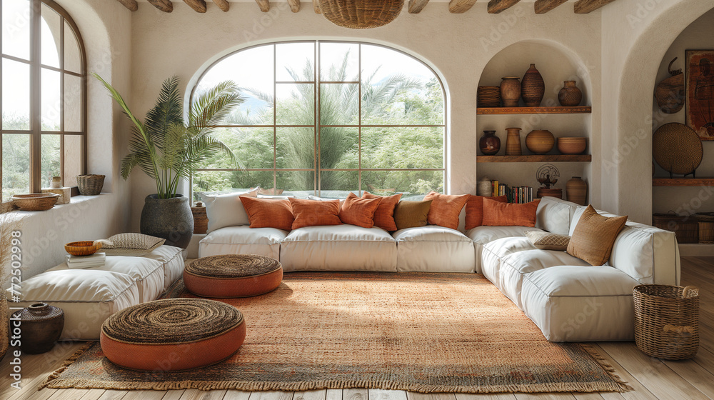 A boho-chic living room with a mix of global influences, showcasing Moroccan poufs, Indian block-printed textiles, and African mud cloth pillows, combined with natural materials li - obrazy, fototapety, plakaty 