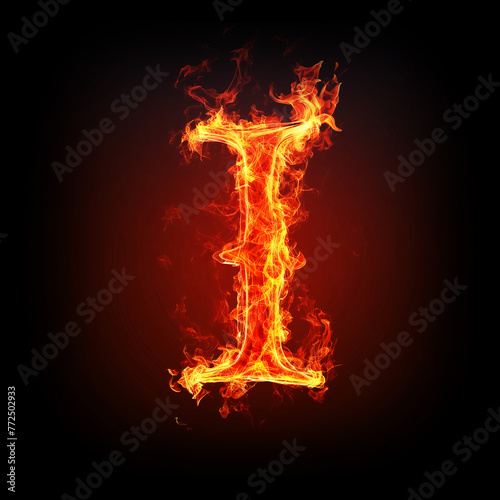 Letter I made of fire flames with sparks isolated on black background