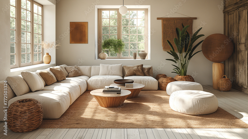 A boho living room with a focus on sustainability and eco-conscious design, featuring ethically sourced furniture, organic cotton textiles, and energy-efficient lighting, all contr A boho living room with a focus on sustainability and eco-conscious design, featuring ethically sourced furniture, organic cotton textiles, and energy-efficient lighting, all contr