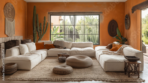 A bohemian-inspired living room with an emphasis on texture, featuring a mix of woven textiles, shaggy rugs, and tactile accents such as fringe, tassels, and embroidery, adding dep photo