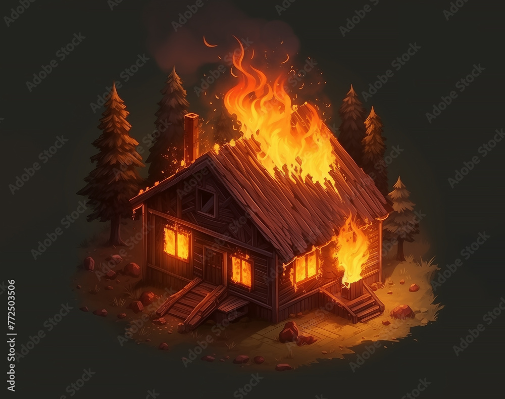 Isolated illustration, burning wooden hut. Russian village old isometric house made of boards with flames and fire. AI generated.