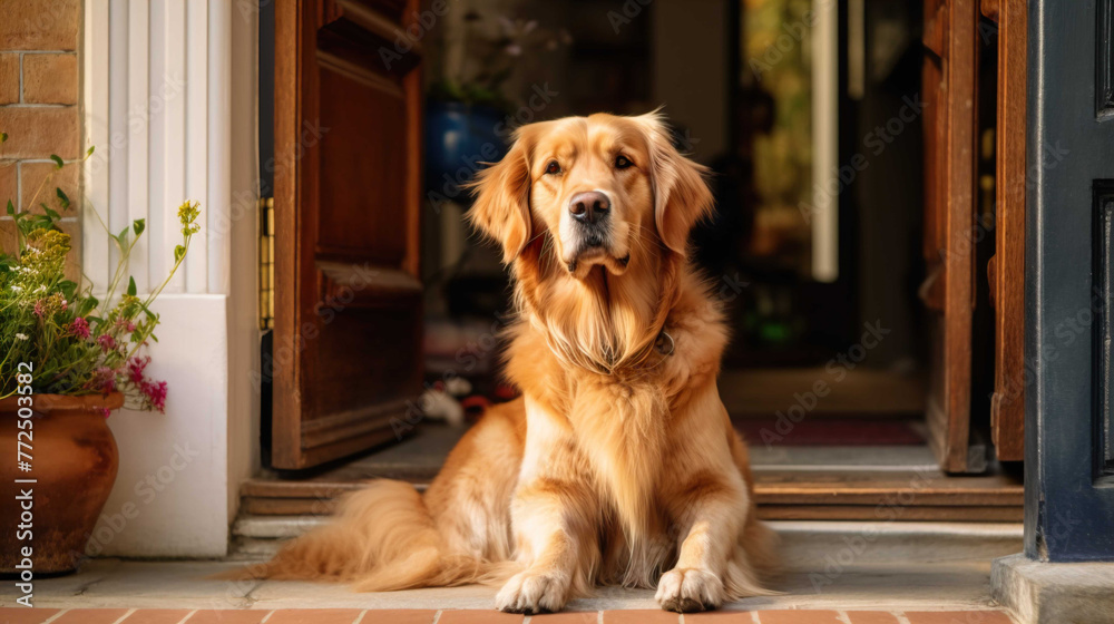 big golden retriever dog, sitting in front of the door waiting for its owner, very loyal , Generate AI
