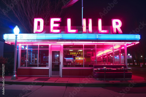 A neon sign for Delirr restaurant is lit up in neon colors