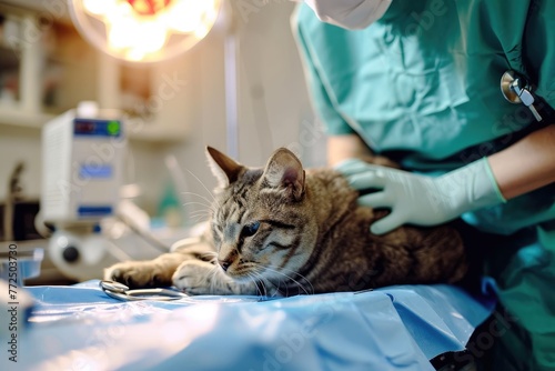 Veterinarian performing surgery on a beloved pet, A caring veterinarian conducting surgery on a cherished pet with skill and compassion.