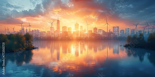 Cityscape with wind turbines symbolizing clean energy and sustainability. Concept Clean Energy, Sustainability, Cityscape, Wind Turbines, Environment