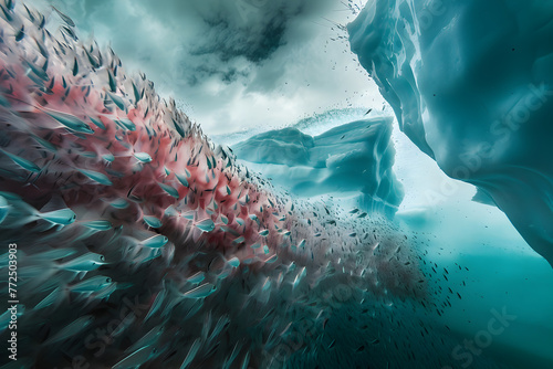 Impressive Swarm of Krill Mystically Dancing in the Icy Blue Depths of Antarctic Waters © Della