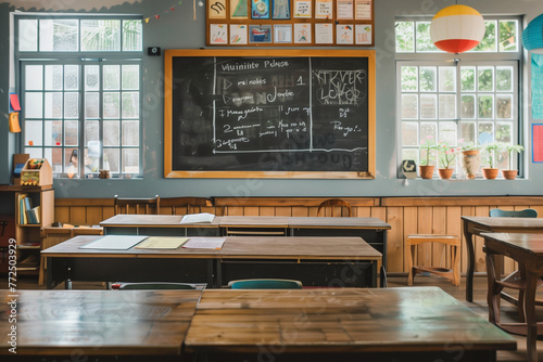 A classroom with a chalkboard and empty desks. The chalkboard has a quote on it that says "I am the world, and you are the world, and we are the world." Scene is peaceful and reflective