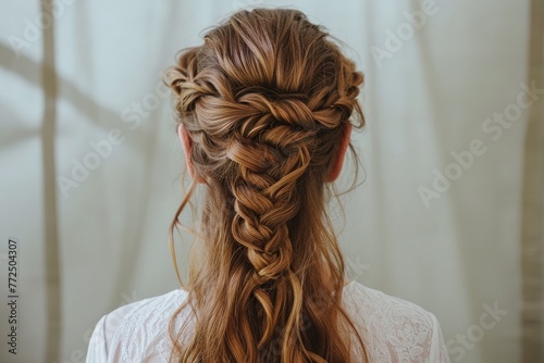 Braided crown hairstyle incorporating long and luxurious hair extensions, Achieve an elegant look with a braided crown hairstyle, enhanced by long and luxurious hair extensions.