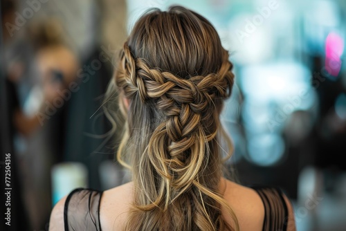 Braided crown hairstyle incorporating long and luxurious hair extensions, Achieve an elegant look with a braided crown hairstyle, enhanced by long and luxurious hair extensions.
