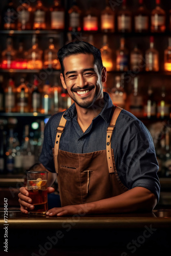 Young smiling filipino bartender on the workplace. Shelves with bottles of alcohol in the background