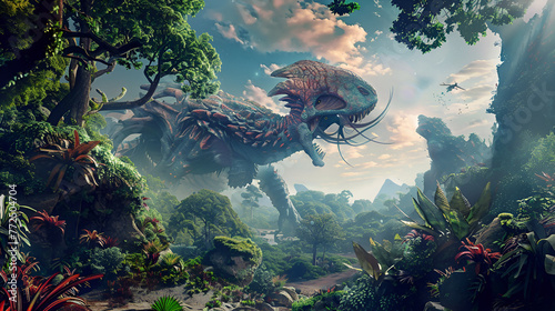 A dragon soars above a verdant forest, creating an enchanting natural landscape