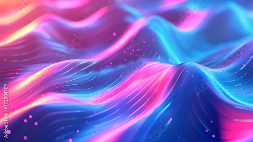 Futuristic Abstract Neon Wave Background with Glowing Pink and Blue Light Lines 3D Digital Curves and Floating Particles