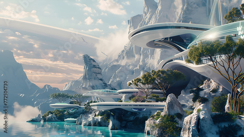 a futuristic city is sitting on top of a mountain next to a body of water photo