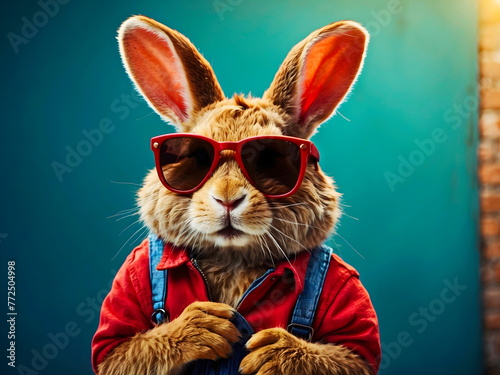 funny rabbit with sunglasses in street wall background generative AI

