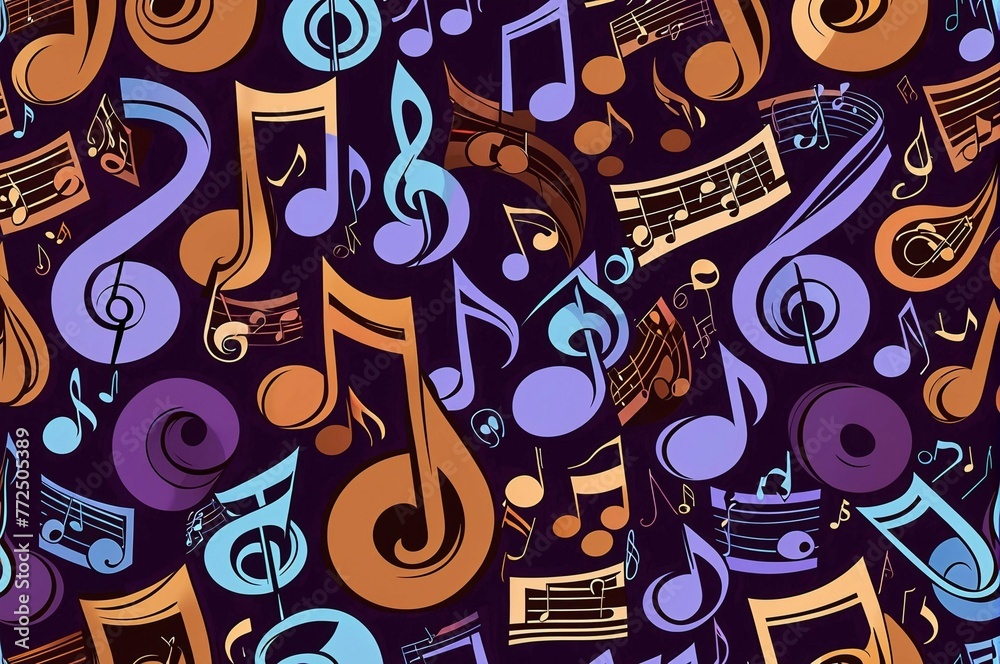 A colorful pattern of musical notes and symbols