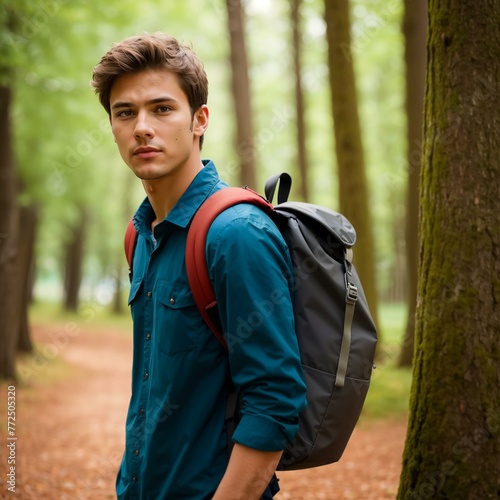 A young man in the nature with a backpack. Generative AI