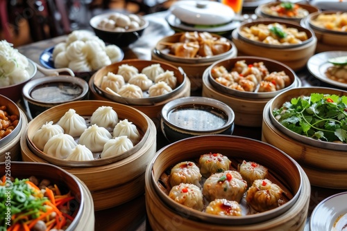 Chinese food presentation with dim sum, stir-fries, and dumplings, A delightful spread of Chinese cuisine including dim sum, flavorful stir-fries, and savory dumplings.