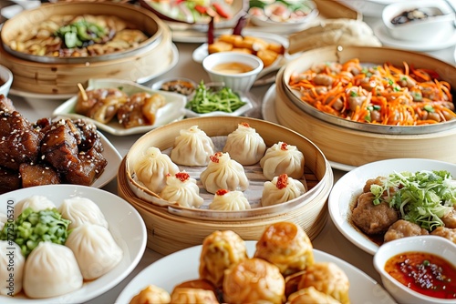 Chinese food presentation with dim sum, stir-fries, and dumplings, A delightful spread of Chinese cuisine including dim sum, flavorful stir-fries, and savory dumplings. photo