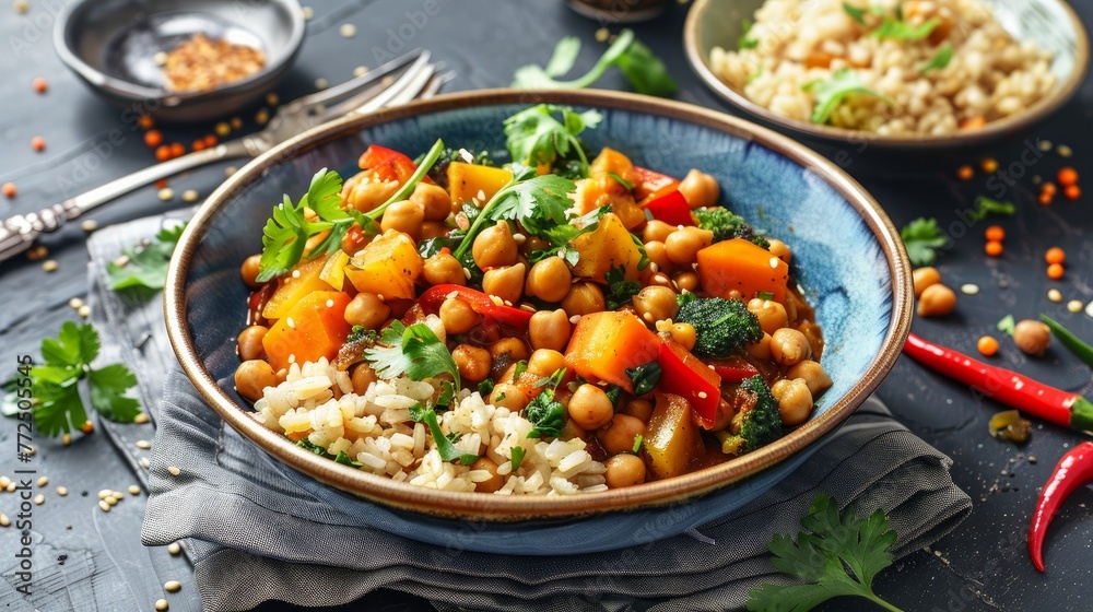 Chickpea and vegetable stir-fry with brown rice