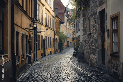 A cobblestone street with a bench and a lamp post