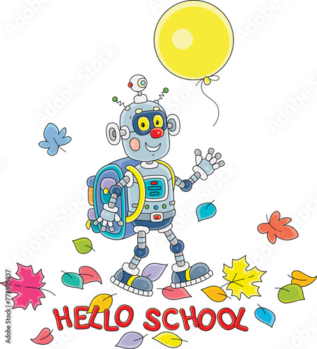 Greeting card with a funny robot with its schoolbag friendly smiling, waving in greeting and going among autumn leaves to primary school to the start of classes, vector cartoon illustration