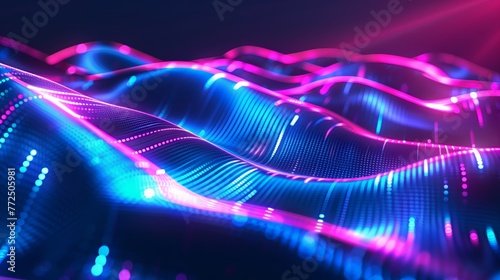 Futuristic Abstract Neon Wave Background with Glowing Pink and Blue Digital Light Lines 3D Curves and Motion Particles