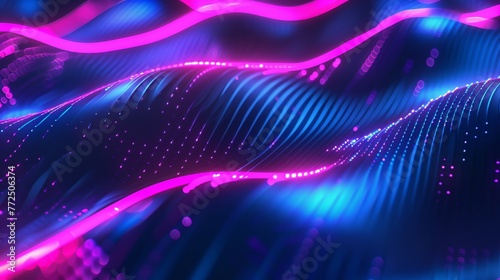 Futuristic Abstract Neon Wave Background with Glowing Pink and Blue Digital Light Lines 3D Flowing Curves and Particles