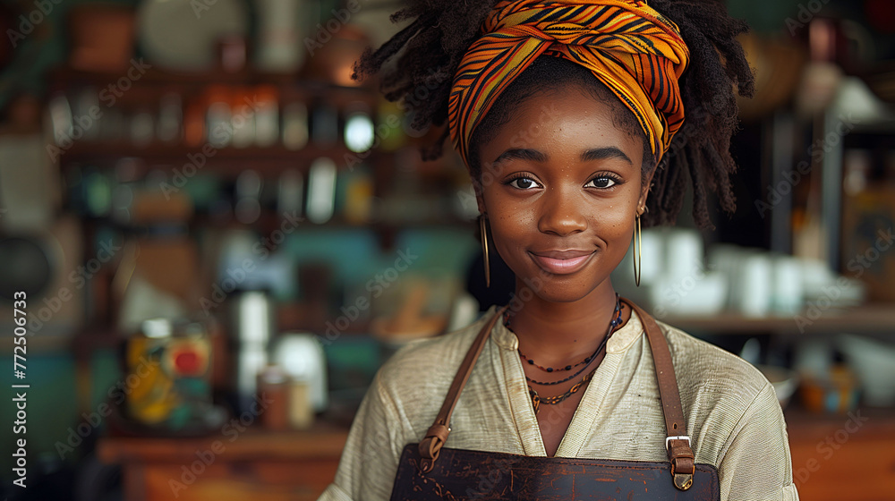 Portrait of a smiling young female barista with a headscarf in a cozy cafe environment. Portrait of a smiling young female barista with a headscarf in a cozy cafe environment.