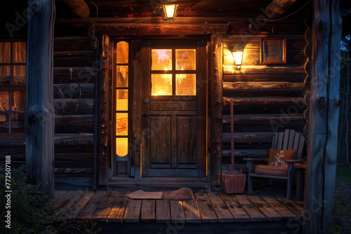 A wooden cabin with a door that is open and a light shining through the window