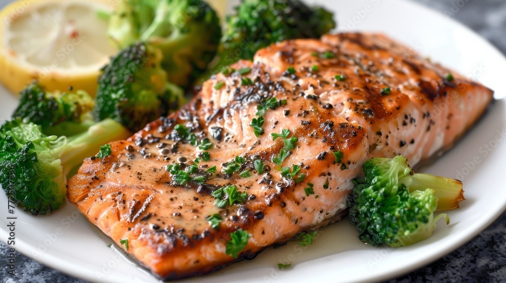 Grilled salmon with a side of steamed broccoli Grilled salmon with a side of steamed broccoli