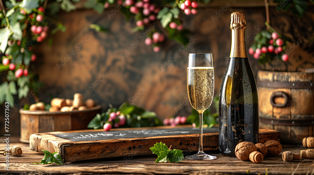 Champagne celebration with a glass and bottle on a rustic wooden table, surrounded by grapes and corks, with a warm, festive backdrop.