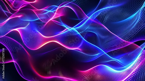 Futuristic Abstract Neon Wave Background with Glowing Pink and Blue Light Streaks 3D Flowing Lines and Digital Particle Effects