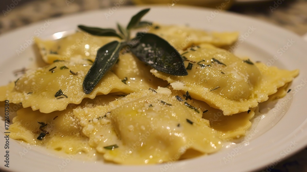 Homemade ravioli in a butter and sage sauc Homemade ravioli in a butter and sage sauc
