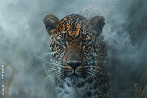 Close up of a leopard blending into the foggy environment