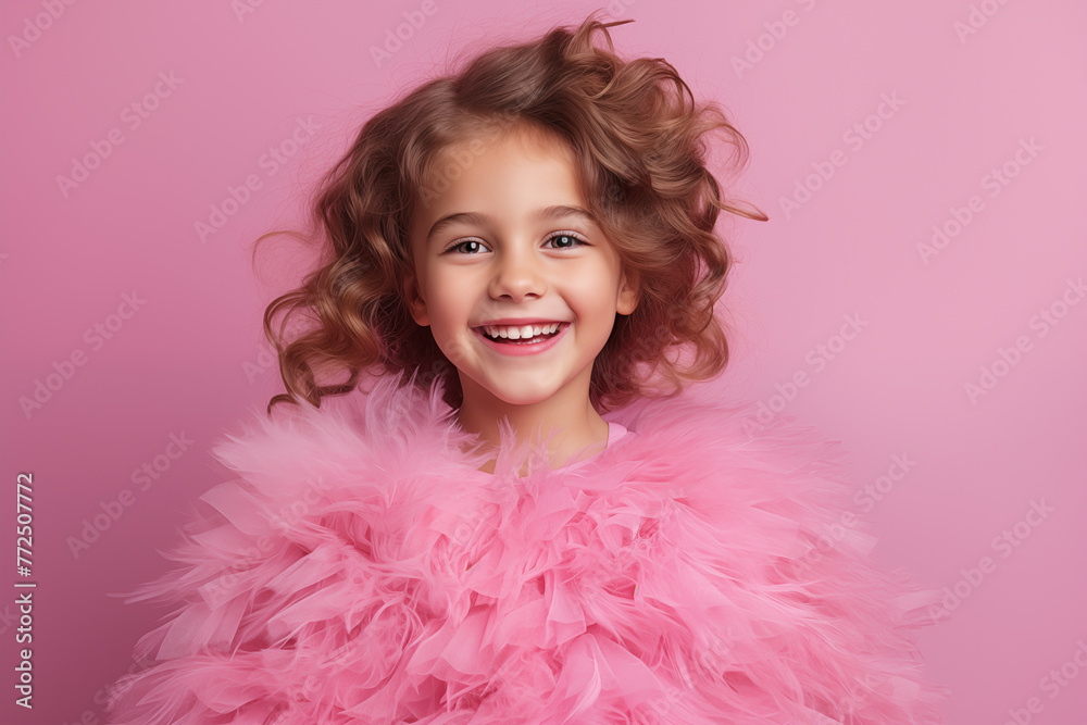 Happy child girl wearing pink dress posing on pink background. Kids birthday party. Happy child girl wearing pink dress posing on pink background. Kids birthday party.