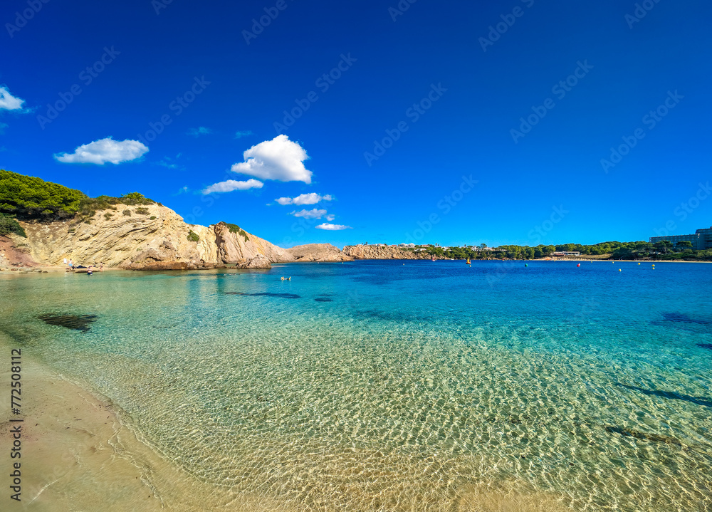 Areal drone view of the Arenal d'en Castell beach on Menorca island, Spain