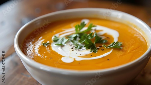 Roasted butternut squash soup with a swirl of coconut cream