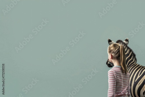 Photo A girl and a zebra animal stand with their backs turned. Advertising. Flyer. Background. Zoo banner. photo