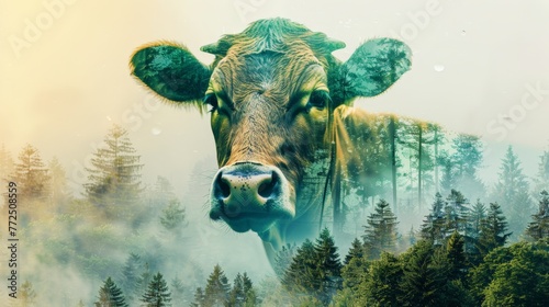 double exposure portrait of cow with forest environment and conservation, cows benefiting earth
