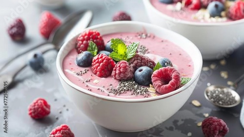 Smoothie bowls topped with chia seeds and fresh berries