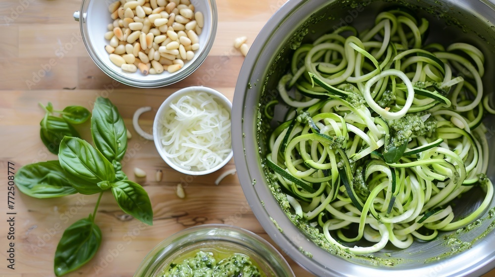 Spiralized zucchini noodles with pesto and pine nuts Spiralized zucchini noodles with pesto and pine nuts