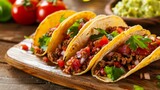 Spicy Mexican tacos with salsa and guacamole