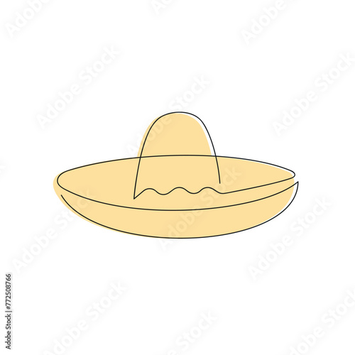 Sombrero drawn in one continuous line in color. One line drawing, minimalism. Vector illustration.